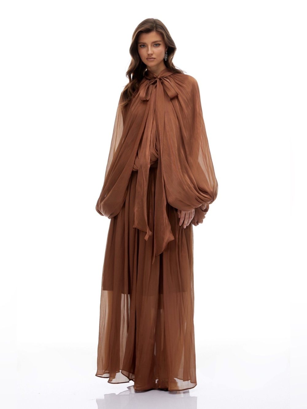 Miss Rosier Mila Brown Pleated Satin Maxi Dress size small